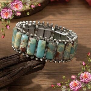 Boho Western Style Faux Jade Elastic Bracelet, Zinc Alloy